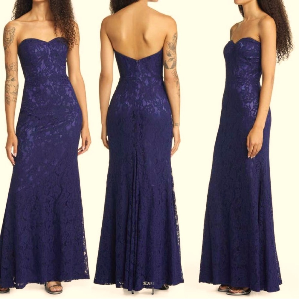 Lulu’s Strapless Lace Gown-Navy blue